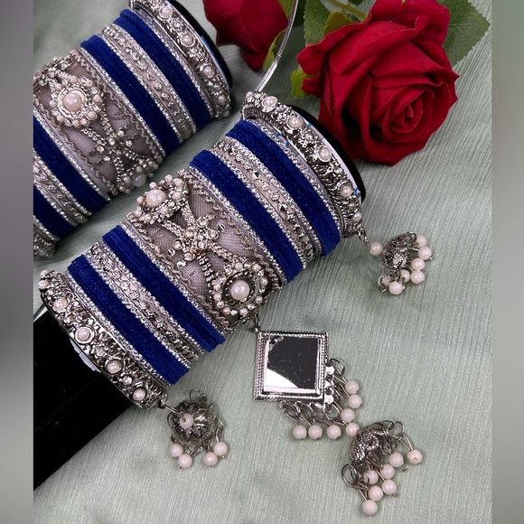 Beautiful Silver and Blue Bangles with Pearl Accents - Picture 7 of 8
